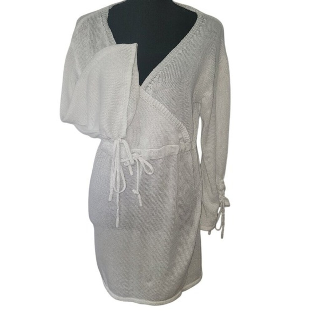 Women's Drawstring Waist Surplice V‎ Neck Knit Sz M Sheer Cover Up Summer Beach